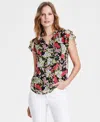 Anne Klein Plus Size Printed Ruffle-sleeve Tie-neck Blouse In Anne Black,red