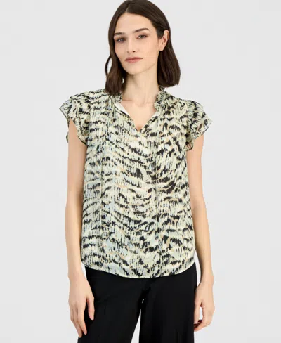 Anne Klein Women's Ruffle-sleeve Tie-neck Blouse In Brown