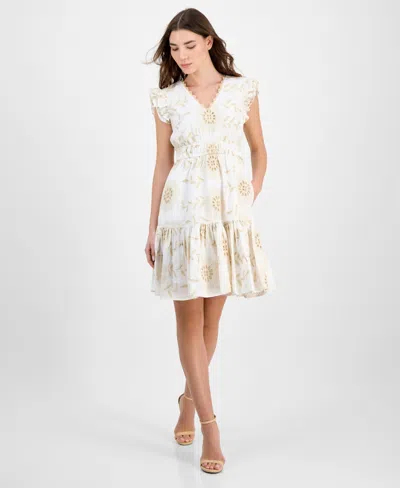 ANNE KLEIN WOMEN'S RUFFLED EMBROIDERED V-NECK DRESS
