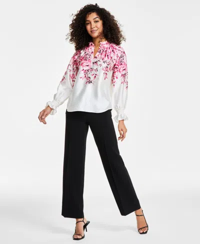 Anne Klein Women's Ruffled-neck Floral-print Top, Created For Macy's In Anne White,camellia Multi