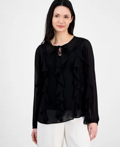 Anne Klein Women's Ruffled Tie-neck Blouson-sleeve Top In Anne Black