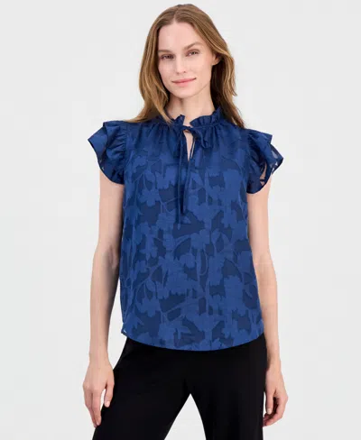 Anne Klein Women's Ruffled Tie-neck Cap-sleeve Blouse In Blue