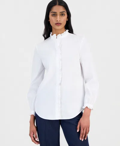 Anne Klein Women's Ruffle-trim Button-front Shirt In White