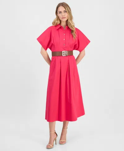 Anne Klein Women's Sateen Belted Shirtdress In Pink
