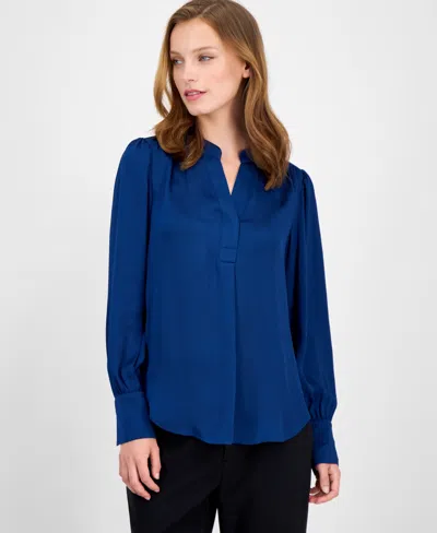 Anne Klein Women's Satin Pleated V-neck Blouse In Blue