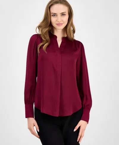 Anne Klein Women's Satin Pleated V-neck Blouse In Burgundy