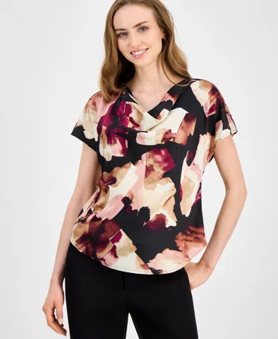 Anne Klein Women's Satin Printed Cowlneck Blouse In Multi