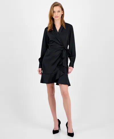 Anne Klein Women's Satin Ruffle-hem Wrap Dress In Black
