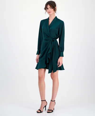 Anne Klein Women's Satin Ruffle-hem Wrap Dress In Green