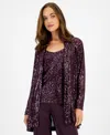 Anne Klein Sequin Draped Open Front Cardigan In Deep Plum