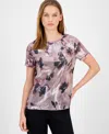 Anne Klein Women's Sequin Floral-print Crewneck T-shirt In Pink