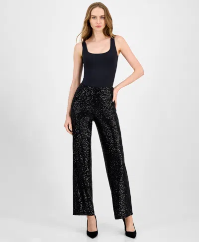 Anne Klein Women's Sequin High-rise Wide-leg Pants In Black