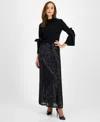 Anne Klein Womens Mock Neck Tie Sleeve Sweater Sequin Maxi Skirt In Anne Black