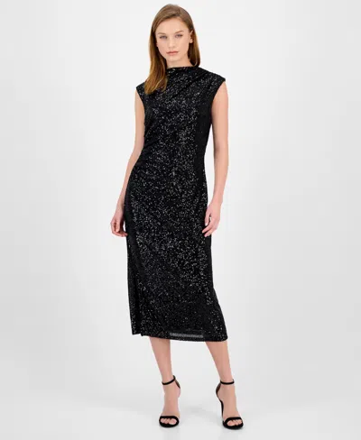 Anne Klein Women's Sequin Sleeveless Midi Sheath Dress In Black