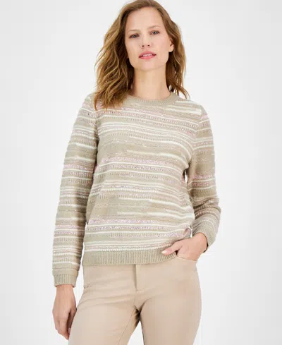 Anne Klein Women's Sequin Stripe Crewneck Sweater In Latte Multi