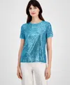 Anne Klein Plus Size Sequined Mesh-trim Short-sleeve Top In Pool Blue