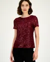 Anne Klein Short Sleeve Sequin Mesh Top In Burgundy