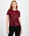 Anne Klein Sequin Mesh T-shirt In Red