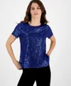 Anne Klein Plus Size Sequin-embellished Short-sleeve Top In Vibrant Cobalt