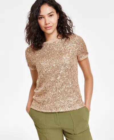 Anne Klein Plus Size Sequined Mesh Short-sleeve Top In Light Coffee