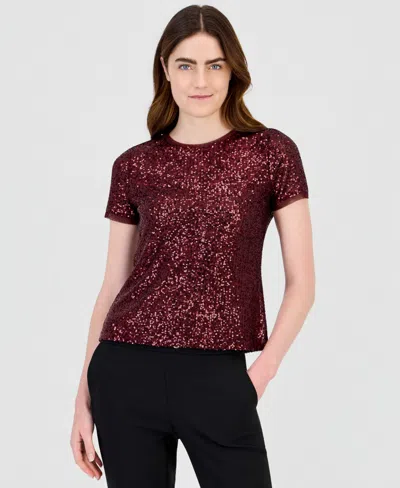 Anne Klein Sequined Short Sleeve T-shirt In Red