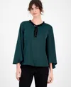 Anne Klein Sequin Accent Flutter Sleeve Satin Top In Green