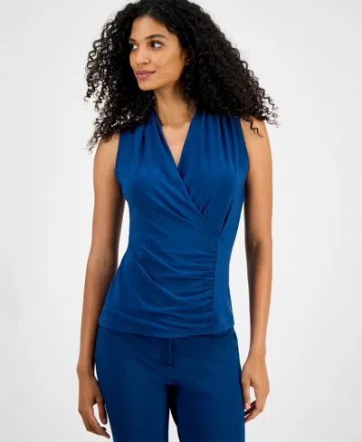 Anne Klein Women's Shirred Surplice-neck Sleeveless Top In Blue