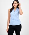 Anne Klein Shirred Faux Wrap Top In Blue