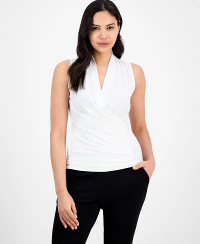 Anne Klein Women's Shirred Surplice-neck Sleeveless Top In White Dove