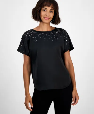 Anne Klein Women's Short-sleeve Beaded Blouse In Black