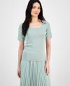 Anne Klein Womens Short Sleeve Sweater Pleated Midi Skirt In Soft Aloe