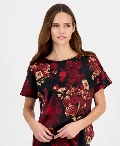 Anne Klein Women's Short-sleeve Bateau Neck Printed-satin Blouse In Multi