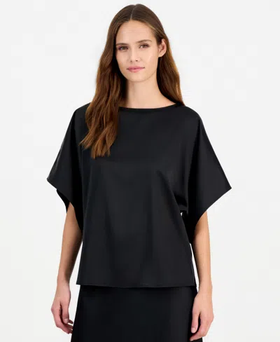Anne Klein Women's Short-sleeve Bateau Neck Satin Blouse In Black