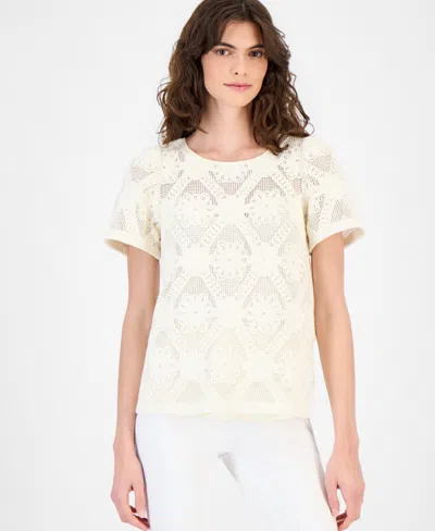 Anne Klein Women's Short-sleeve Crochet Blouse In Neutral