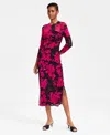 Anne Klein Print Ruched Mesh Midi Dress In Black