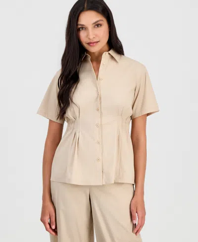 Anne Klein Women's Side-pleat Button-front Shirt In Neutral