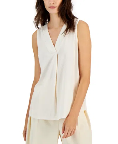 Anne Klein Women's Sleeveless Pleat-front V-neck Top In Anne White