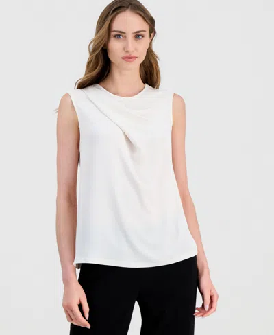 Anne Klein Mixed Media Extended Shoulder Top In Neutral