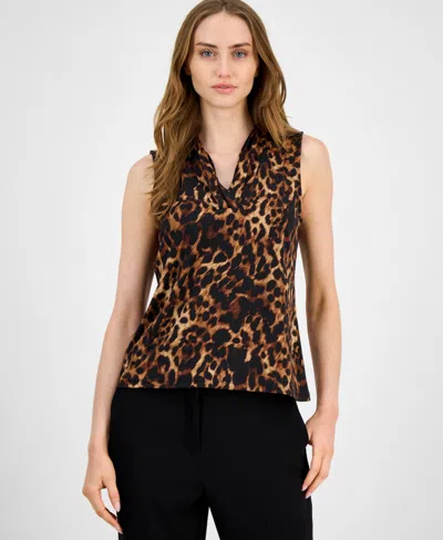 Anne Klein Women's Sleeveless Pleated V-neck Shell Top In Animal Print