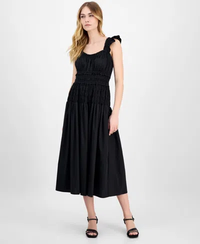 ANNE KLEIN WOMEN'S SMOCKED RUFFLED-STRAP MIDI DRESS