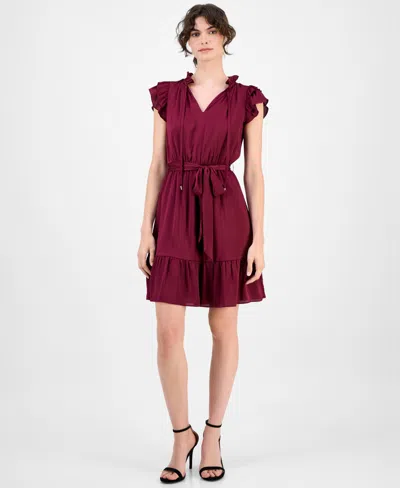 Anne Klein Women's Solid Tie-waist Flutter-sleeve Tiered Dress In Burgundy