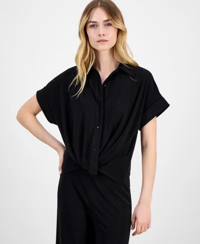 Anne Klein Women's Solid Twist-front Button-down Textured Crepe Knit Top
