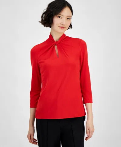Anne Klein Women's Solid Twist-neck 3/4-sleeve Top In Poppy