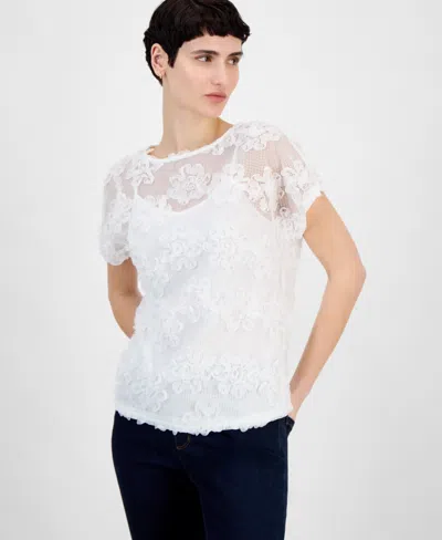 Anne Klein Women's Soutache Net Short-sleeve Top In Bright White