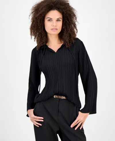 Anne Klein Women's Split-neck Pleated Blouse In Black