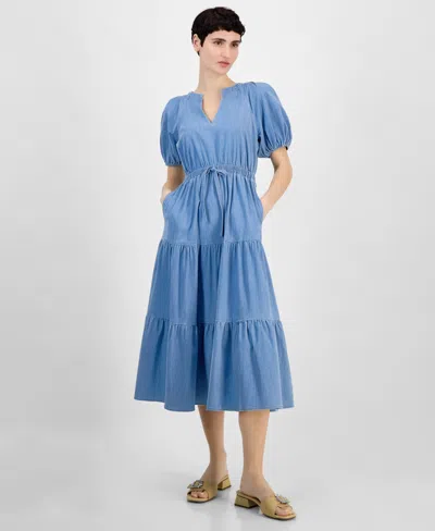 ANNE KLEIN WOMEN'S SPLIT-NECK PUFF-SLEEVE DENIM MIDI DRESS