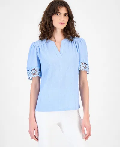 Anne Klein Women's Split-neck Lace-trim Top In Blue