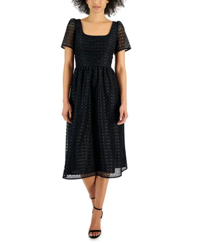 Anne Klein Puff Sleeve Geometric Lace Midi Dress In Anne Black