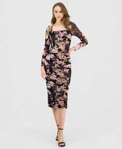 Anne Klein Women's Square-neck Ruched Midi Dress In Brown