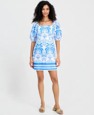 Anne Klein Square Neck Puff Sleeve Mini Dress In Blue